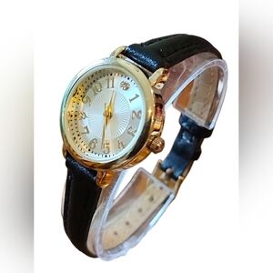 Time & Tru TM Easy Read 12 HR Crystal Accent Black Leather Band Watch Womens